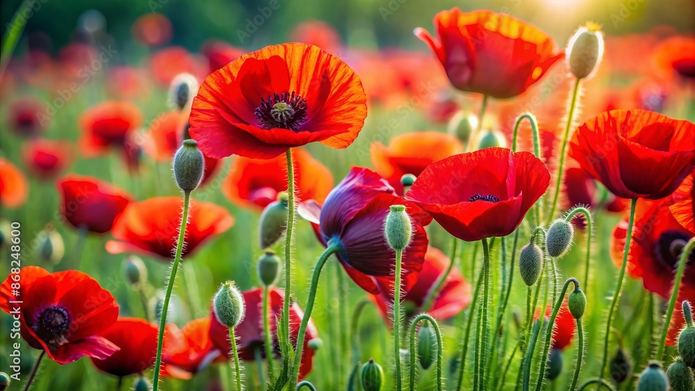 Obraz premium Vibrant red and black poppy flowers in sharp focus, swaying gently amidst lush green foliage in a serene spring field.