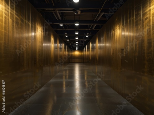 Golden Corridor: A solitary figure walks through an opulent hallway adorned with illuminated metallic panels. The polished floor reflects the intricate ceiling lights