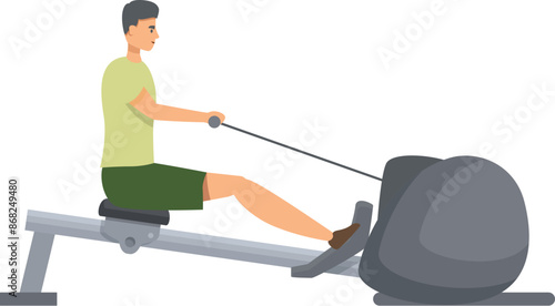 Young man is working out on a rowing machine, strengthening his muscles and improving his cardiovascular fitness