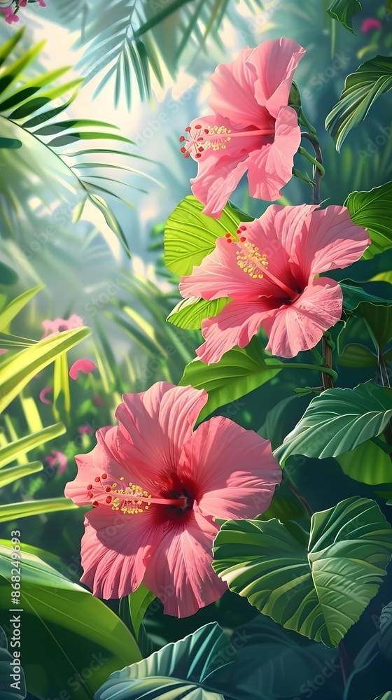 Fototapeta premium Captivating Pink Hibiscus Blossoms in Lush Tropical Setting with Telephoto Compression