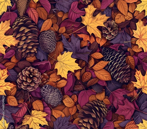 Autumnal Forest Floor Seamless Pattern of JewelToned Leaves and Pine Cones photo