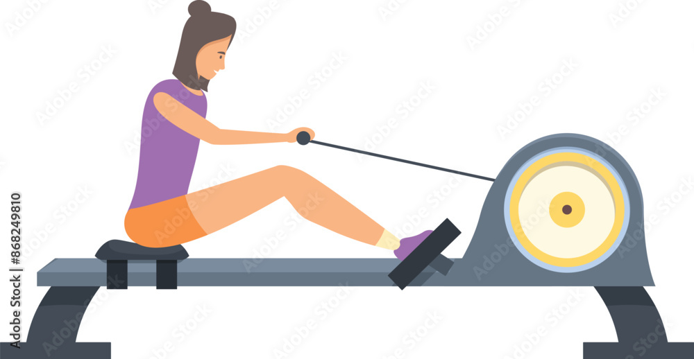 Young woman is exercising on a rowing machine, strengthening her muscles and improving her cardiovascular health Young woman is exercising on a rowing machine, strengthening her muscles and improving her cardiovascular health