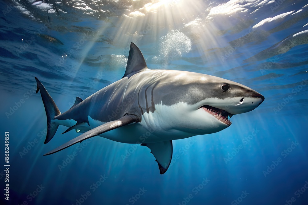 Fototapeta premium great white shark swimming underwater with sunlight filtering through surface above aquatic animal