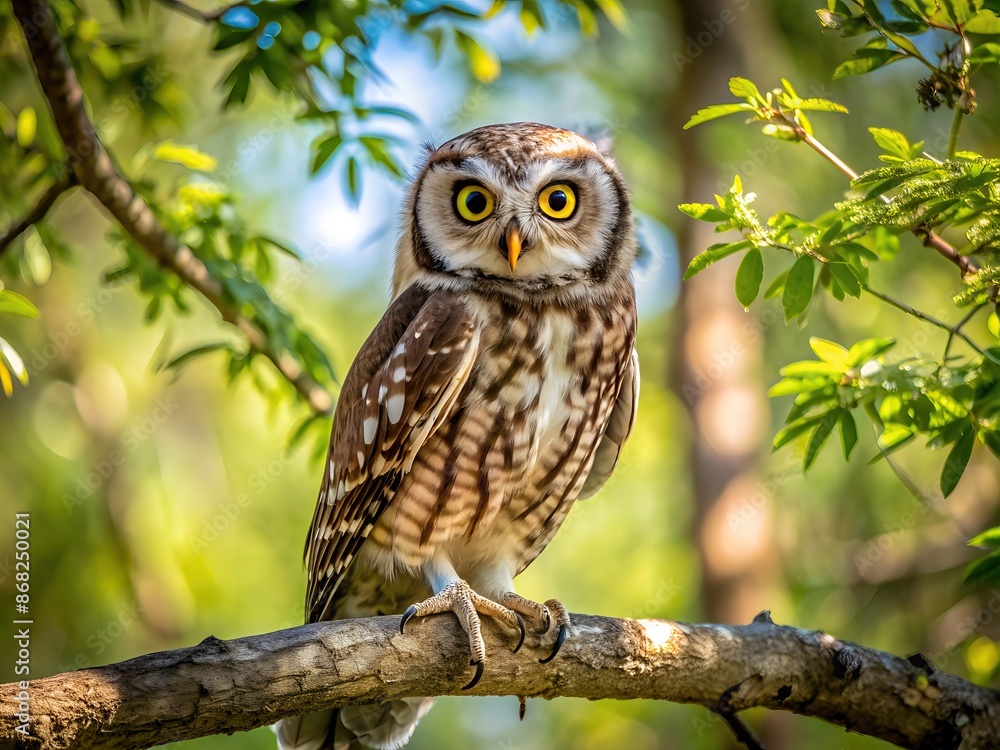 owl on tree branch blurred green foliage background owl on tree branch blurred green foliage background