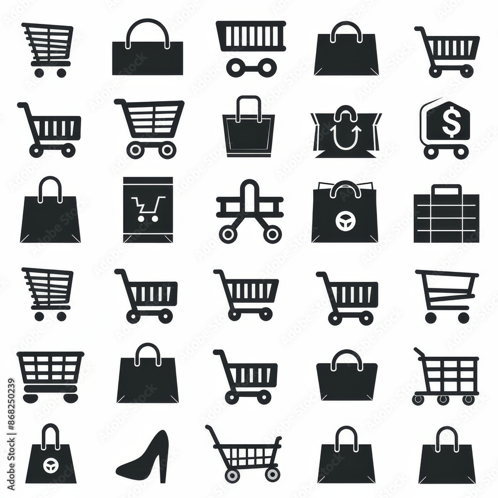 Icon set for shopping, including symbols for online shopping, store, delivery, promotion, and shopping cart. Presented as solid icons in a vector collection. Icon set for shopping, including symbols for online shopping, store, delivery, promotion, and shopping cart. Presented as solid icons in a vector collection.