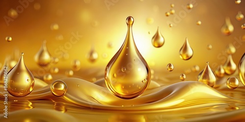 Golden oil drops on yellow background with high resolution photography, gold, oil, drops, yellow, background