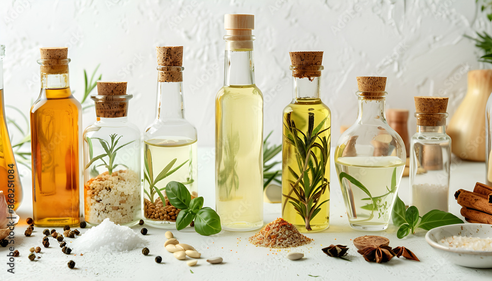 Vegetable fats. Different cooking oils in glass bottles and ingredients on white table Vegetable fats. Different cooking oils in glass bottles and ingredients on white table