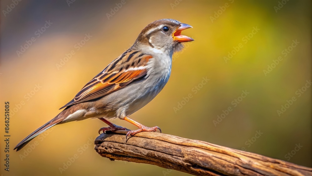 Fototapeta premium A solitary female house sparrow songbird perches on a weathered brown wooden tree branch, singing sweet melodies in isolation.