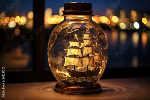 Pirate ship in a bottle placed next to a treasure chest with city lights in the background.