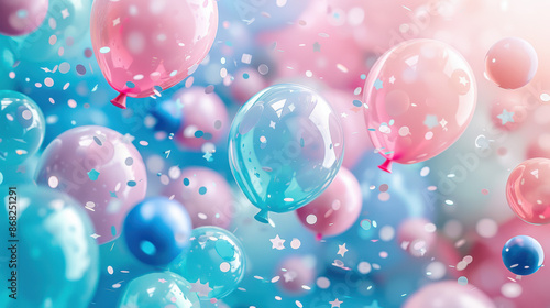 pastel balloons and decorative spheres arranged against a soft gradient background