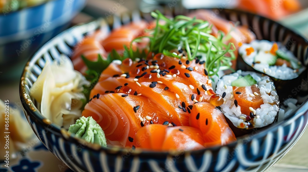 Delicious Japanese rice dish served with raw fish or vegetables. Delicious Japanese rice dish served with raw fish or vegetables.