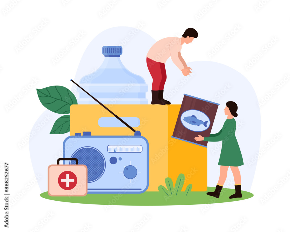 Obraz premium Preparedness for natural disasters, collection of survival kit items. Tiny people collect canned food and bottle of water drink, first aid box and necessary equipment cartoon vector illustration
