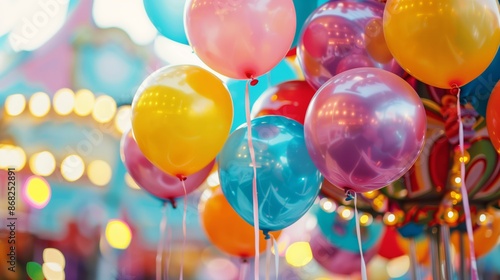 Wallpaper Mural Vibrant Helium Balloons Cluster Floating in Front of Colorful Carnival Rides and Glowing Festive Lights at a Lively Outdoor Funfair Torontodigital.ca