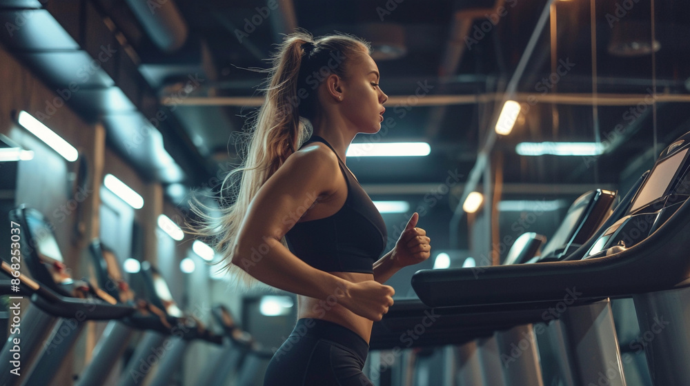 Fototapeta premium Athletic girl dressed in a black sportswear runs on the treadmill in the modern gym