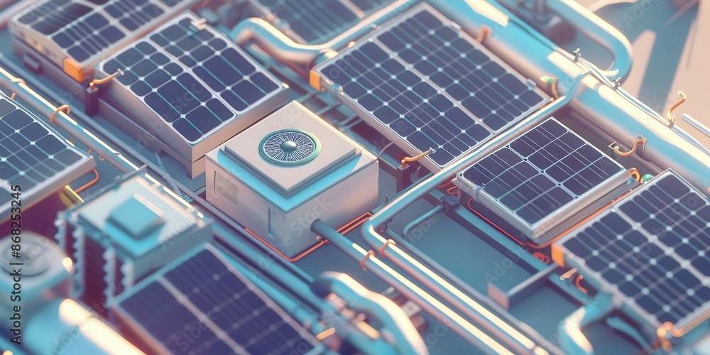 Detailed illustration of solar panel installation with wiring and components. Concept: Design, Renewable Energy, Engineering, Sustainability, Technology Integration Detailed illustration of solar panel installation with wiring and components. Concept: Design, Renewable Energy, Engineering, Sustainability, Technology Integration