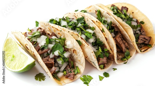 Street tacos with grilled steak, cilantro, onions, and lime wedges, authentic Mexican style, isolated on white background, copy space