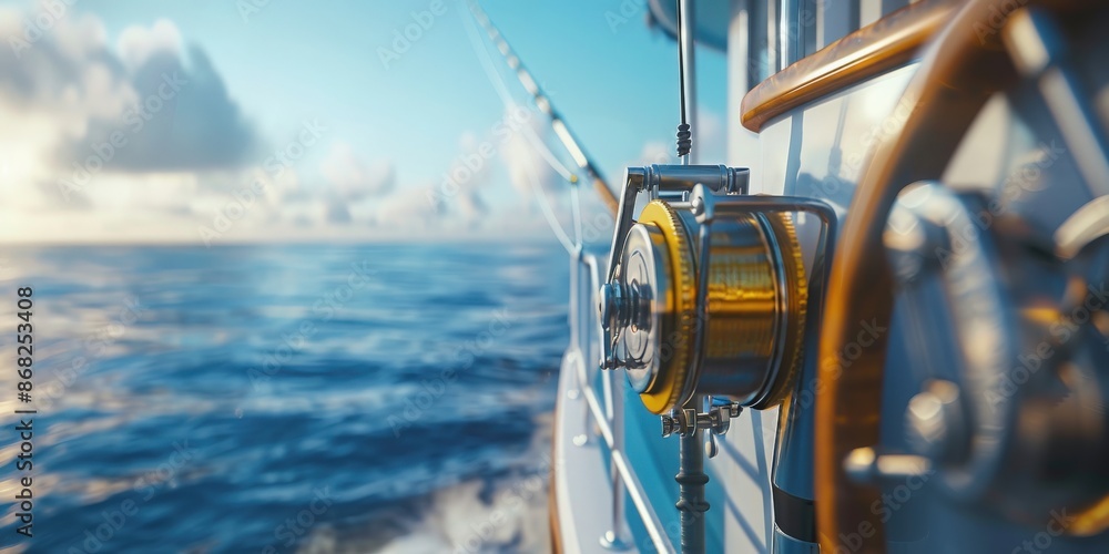 Detailing a fishing reel on a boat against the backdrop of a serene blue sea, capturing the essence of marine leisure Detailing a fishing reel on a boat against the backdrop of a serene blue sea, capturing the essence of marine leisure