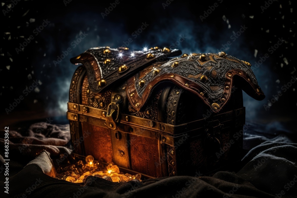 Fototapeta premium Close-up of a pirate's glove reaching for a treasure chest with night sky bokeh.