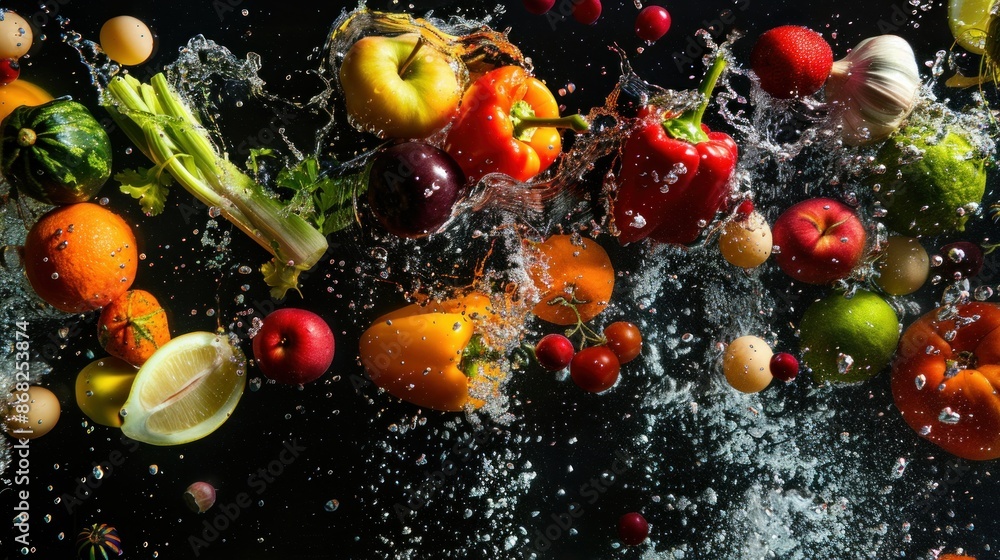 Many fruits and vegetables falling into water against black background Many fruits and vegetables falling into water against black background