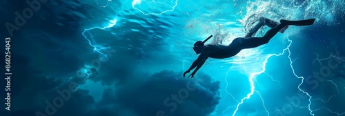 Swimmer Diving into the Pool under Thunderous Stormy Sky Graphic Wallpaper - A striking graphic wallpaper featuring a solitary swimmer taking a dive into a pool, with a dramatic backdrop of a stormy s