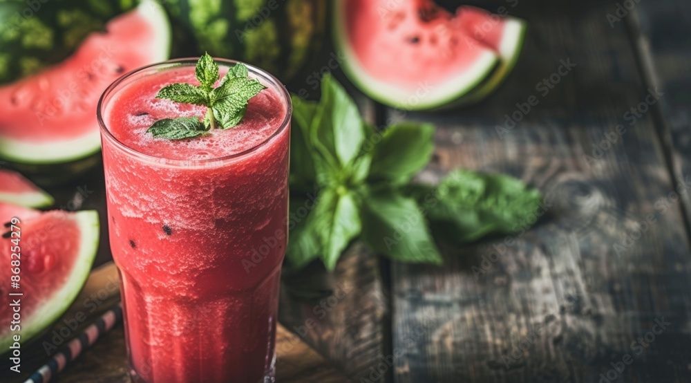 Watermelon juice in glass with fresh watermelons on wooden table, summer background. Watermelon smoothie or cocktail with mint leaves and slice of fruit. Watermelon juice in glass with fresh watermelons on wooden table, summer background. Watermelon smoothie or cocktail with mint leaves and slice of fruit.