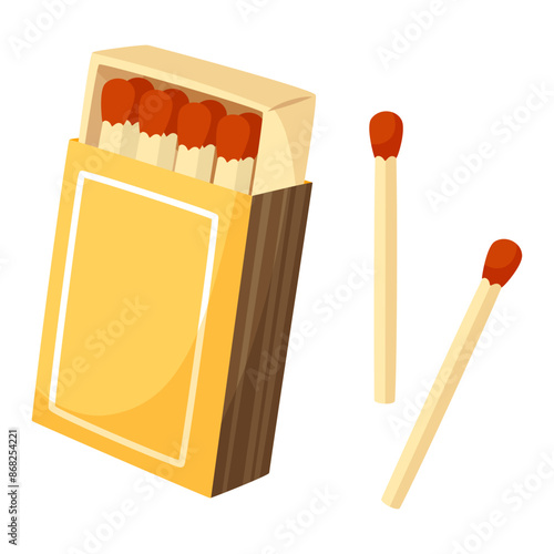 An open box of matches, with a large number of matches, next to two matches on a white background. Open matchbox. Wooden matches.