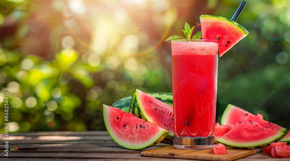 Watermelon juice in glass with fresh watermelons on wooden table, summer background. Watermelon smoothie or cocktail with mint leaves and slice of fruit. Watermelon juice in glass with fresh watermelons on wooden table, summer background. Watermelon smoothie or cocktail with mint leaves and slice of fruit.