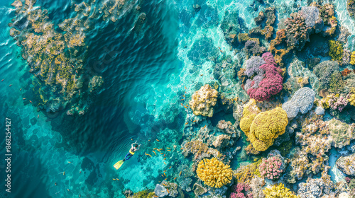 Aerial View of Vibrant Coral Reefs with Snorkeler © Kafi