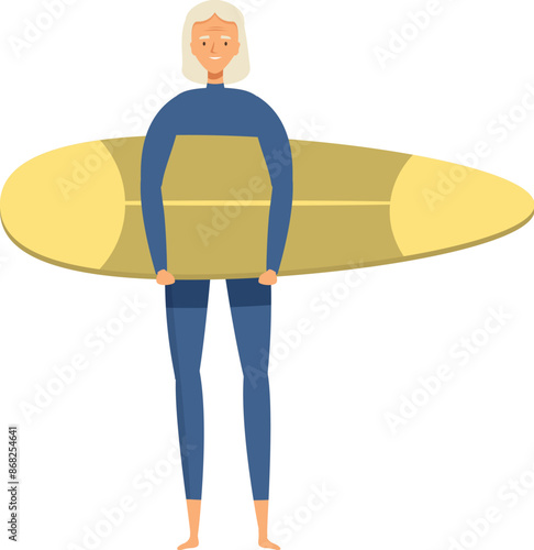 Elderly woman in a wetsuit is holding a surfboard, promoting an active lifestyle for seniors