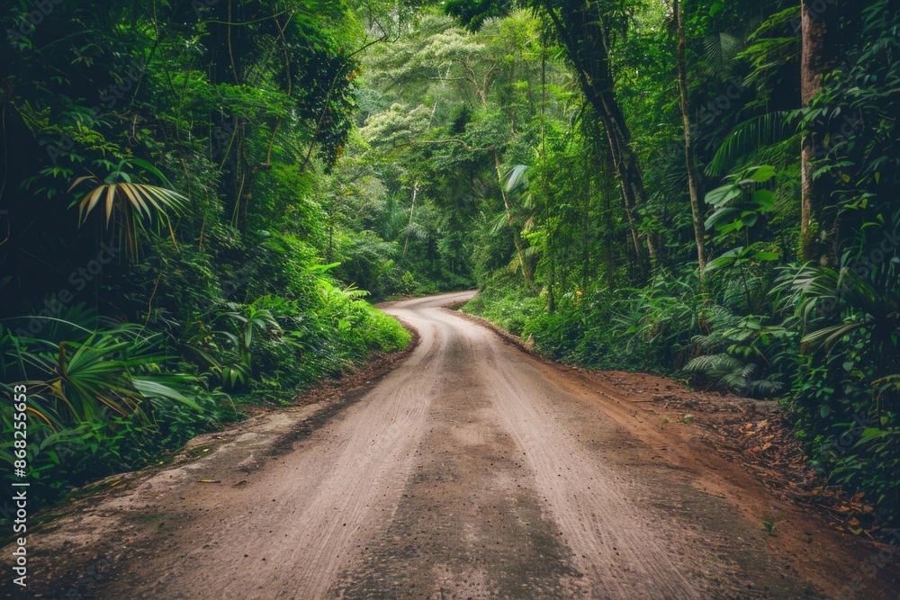Obraz premium The Jungle. Green Tropical Foliage and Trees Along a Rural Road in a Forest Landscape