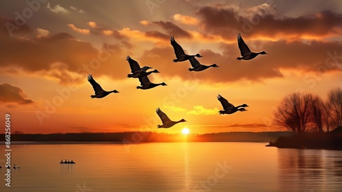 Geese flying over a beautiful evening sunset