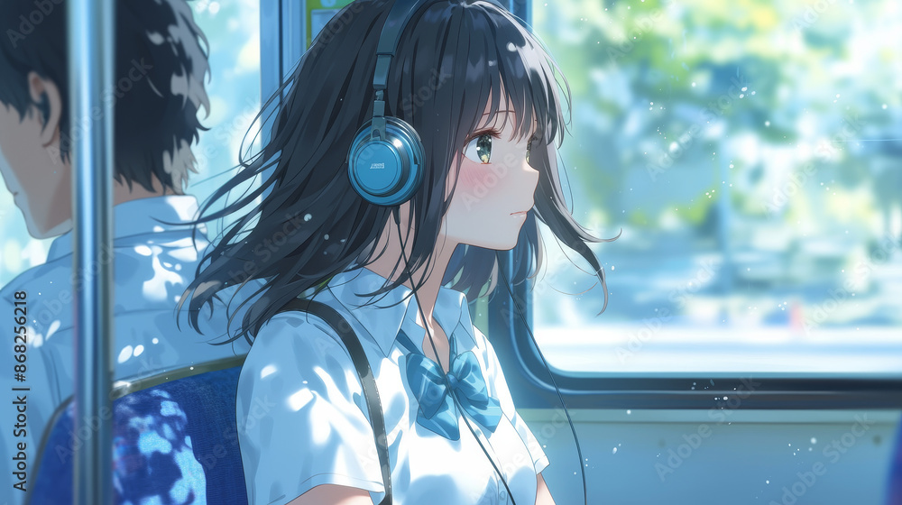 Obraz premium Girl anime listening to music on her headphones. Animation illustration of a young girl on train with her headphones relaxing. 