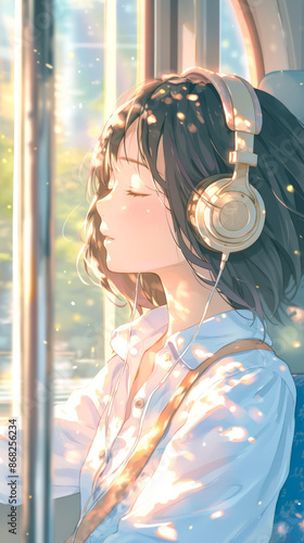 Girl anime listening to music on her headphones. Animation illustration of a young girl on train with her headphones relaxing. 