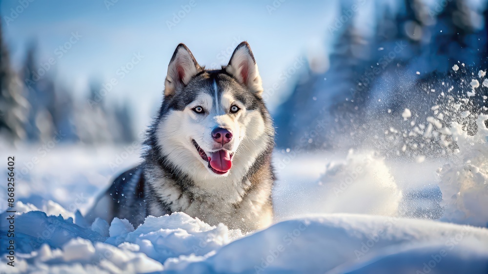 Playful Siberian Husky dog playing in the snow , husky, Siberian, dog, playful, winter, snow, energetic, fur, pet, breed