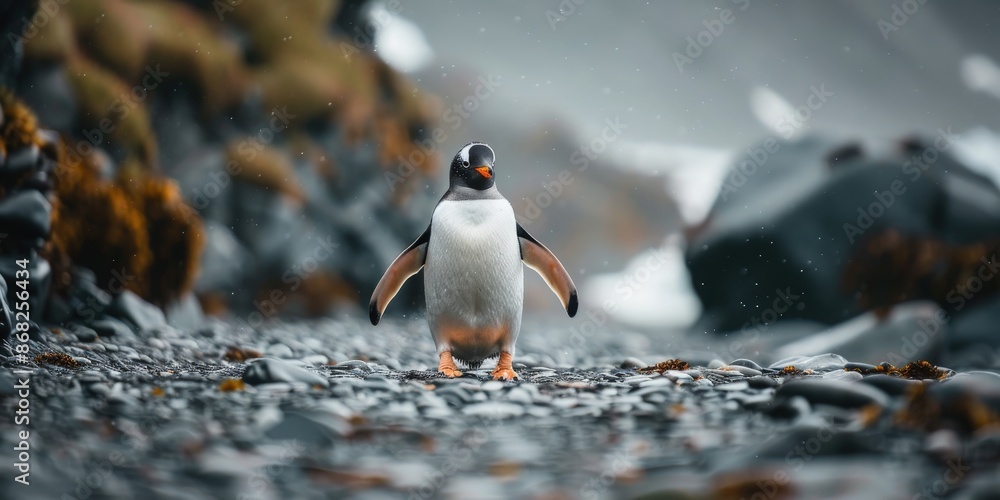 Fototapeta premium Penguin waddling during Antarctic expedition in Ushuaia, Argentina. Concept Wildlife Photography, Polar Adventure, Antarctic Expedition, Wildlife Conservation, Nature Excursions