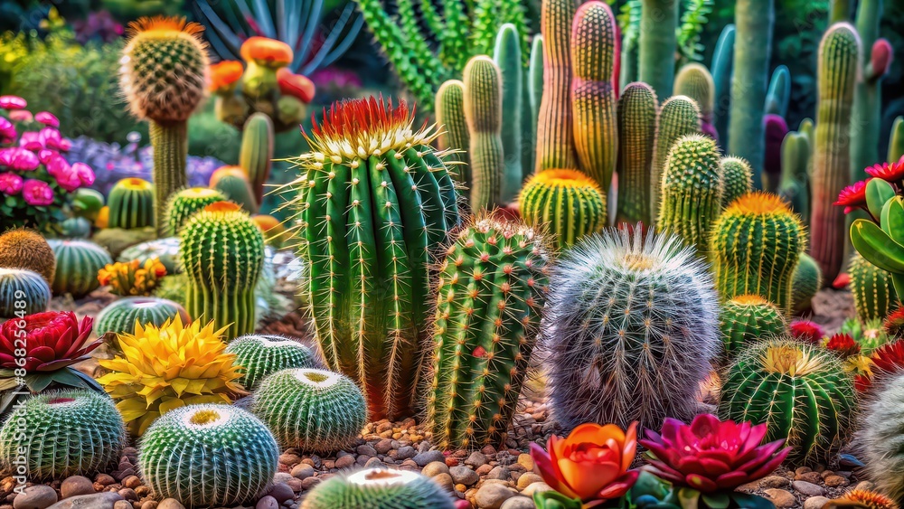 Cactus garden with a variety of prickly plants in bloom , succulent, desert, arid, landscape, thorns, spikes, dry Cactus garden with a variety of prickly plants in bloom , succulent, desert, arid, landscape, thorns, spikes, dry