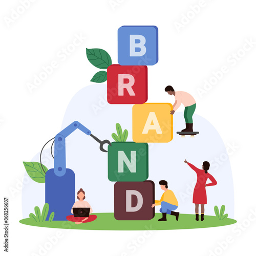 Brand creation and development, branding process by professional marketing team. Tiny people build Brand word from cubes with letter, characters create advertising strategy cartoon vector illustration