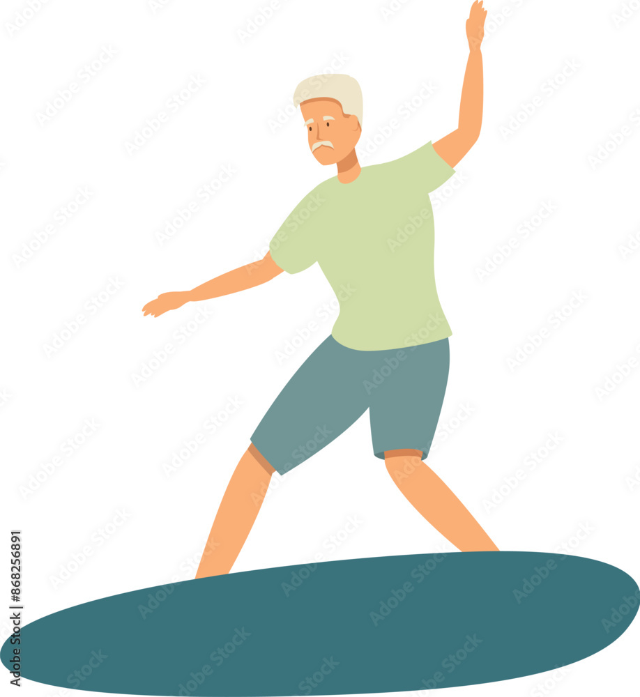 Elderly man is surfing on a surfboard, enjoying his retirement Elderly man is surfing on a surfboard, enjoying his retirement