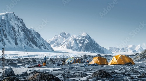 The survey team set up camp. with snow-covered mountains in the background and the bright blue sky above. This image captures the spirit of adventure and exploration. They are ideal for promoting outd photo