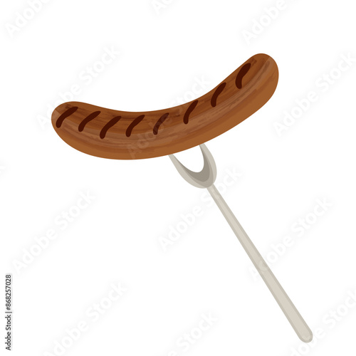 Grilled sausage icon on fork isolated on transparent and white background. Close-up element for food design decoration. Vector cartoon illustration. Products for barbecue and picnic in nature.