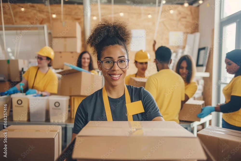 Black woman volunteer packing donation boxes in charity food bank Multi ...