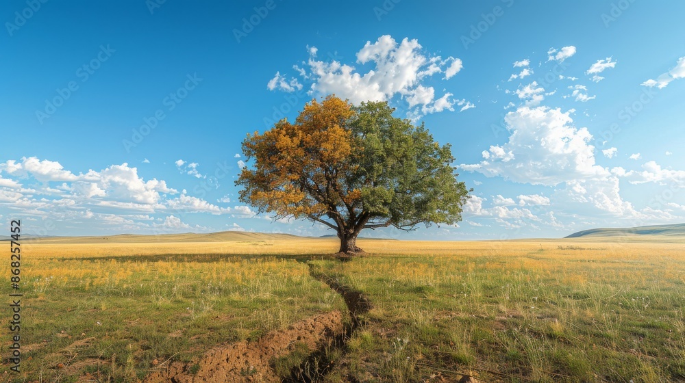 A Lone Tree in a Grassy Field with a Crack in Its Trunk - Generative AI A Lone Tree in a Grassy Field with a Crack in Its Trunk - Generative AI