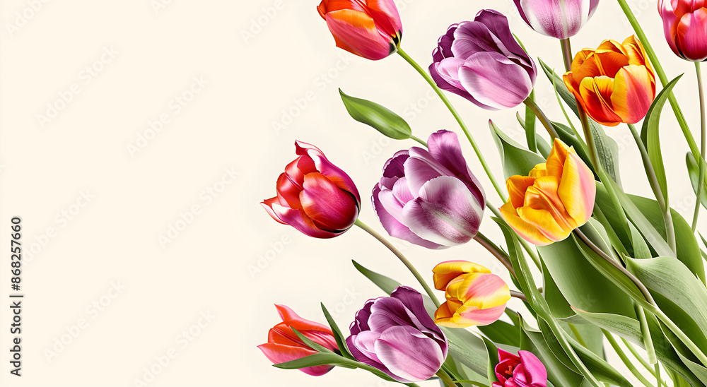 Border of Pink tulips, with space for text on top, on a white background, watercolor. For create design a card, postcard, wallpaper Border of Pink tulips, with space for text on top, on a white background, watercolor. For create design a card, postcard, wallpaper