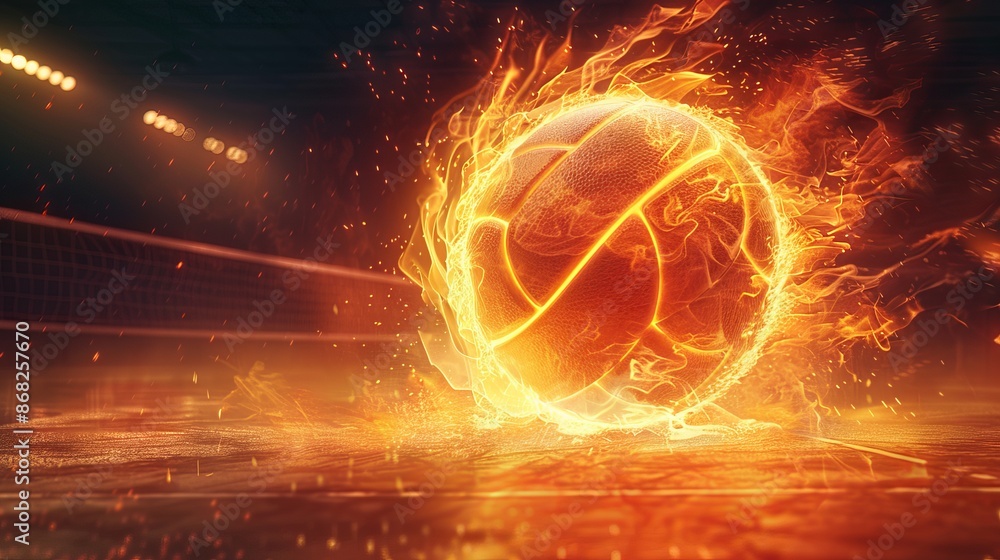 Fototapeta premium Volleyball on fire, in action on a court under floodlights, photorealistic with a dark background, emphasizing movement, with copy space.