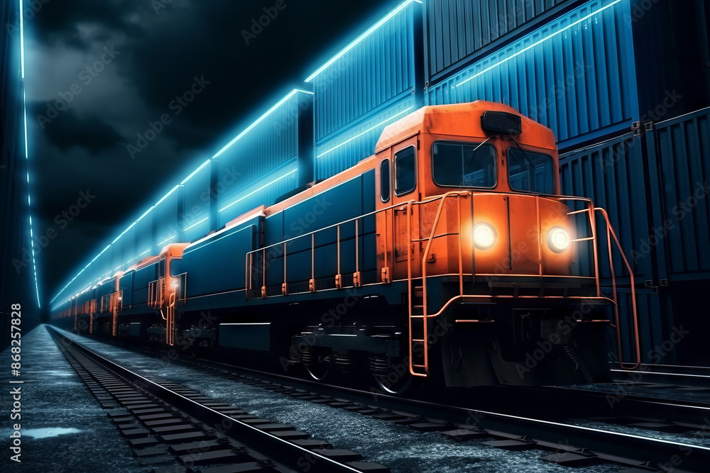 A cargo train hauling containers and merchandise barrels travels down a railroad track through a rural landscape at night. A cargo train hauling containers and merchandise barrels travels down a railroad track through a rural landscape at night.