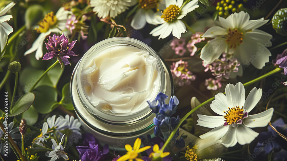 Face cream moisturiser as skincare and bodycare product with flowers background, spa and organic beauty cosmetics for natural skin care routine Face cream moisturiser as skincare and bodycare product with flowers background, spa and organic beauty cosmetics for natural skin care routine