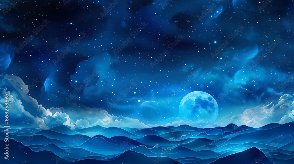 Mesmerizing night sky with bright full moon over calm blue ocean waves ...