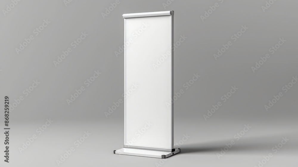 A sleek, white portable booth stand or roll-up board stands ready for advertising and promotion. This realistic modern illustration set features a blank vertical pull-up information banner mockup A sleek, white portable booth stand or roll-up board stands ready for advertising and promotion. This realistic modern illustration set features a blank vertical pull-up information banner mockup