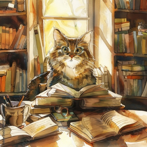 Whimsical Watercolor Fluffy Curious Cat Peering from BooksFilled Window Seat - A whimsical watercolor featuring a cute, fluffy cat, portrayed in a curious stance as it peeks out from behind a giant bo photo