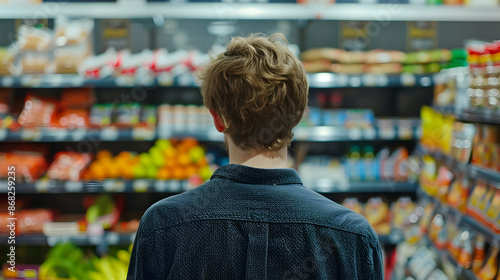 Rear reiw young man shopping in a supermarket, Customer in supermarket © Abid